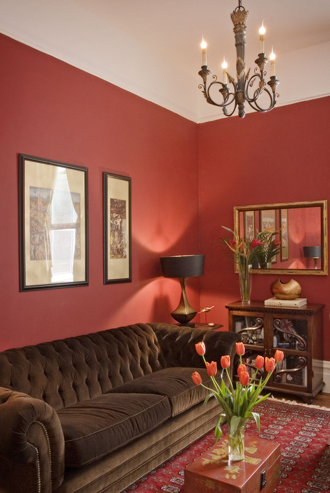 This is an example of a traditional living room in San Francisco with red walls.