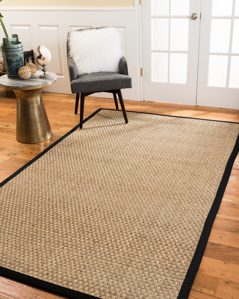 "Lancaster" Seagrass Rug Black, Handcrafted, Cotton Border Beach