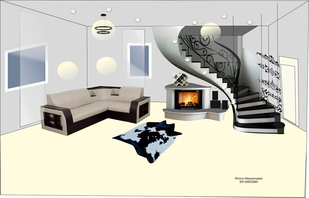 Дизайн гостиной в частном доме с лестницей