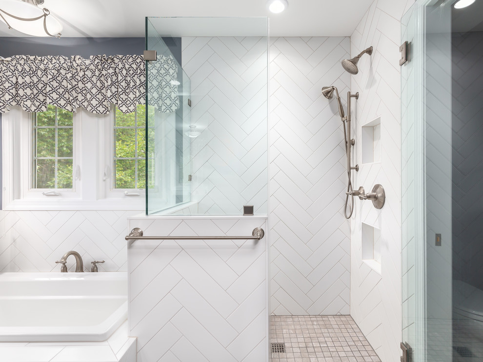 This is an example of a mid-sized transitional master bathroom in DC Metro with beaded inset cabinets, white cabinets, a corner shower, a two-piece toilet, blue walls, an undermount sink, quartzite benchtops, brown floor, a hinged shower door, white benchtops, a drop-in tub and ceramic floors.