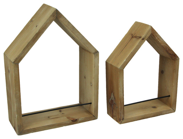 Set of 2 House Shaped Wooden Wall Mounted Shelves, One Size - Rustic ...