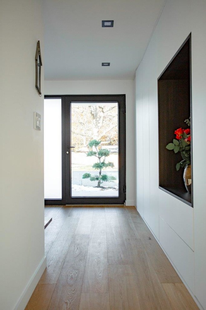 Photo of a mid-sized scandinavian front door in Toronto with white walls, medium hardwood floors, a single front door, a black front door and beige floor.