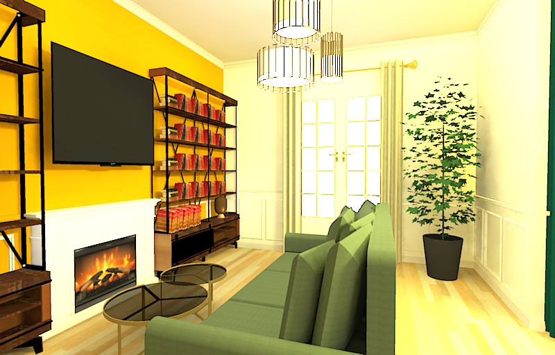 Eklektisk inredning av ett mellanstort allrum med öppen planlösning, med ett bibliotek, gula väggar, ljust trägolv, en standard öppen spis, en spiselkrans i gips, en väggmonterad TV och beiget golv