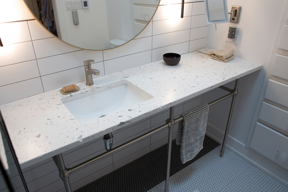 Design ideas for a mid-sized master bathroom in Chicago with recycled glass benchtops, white tile, ceramic tile, white walls, an undermount sink, white floor, white benchtops, a single vanity and a floating vanity.