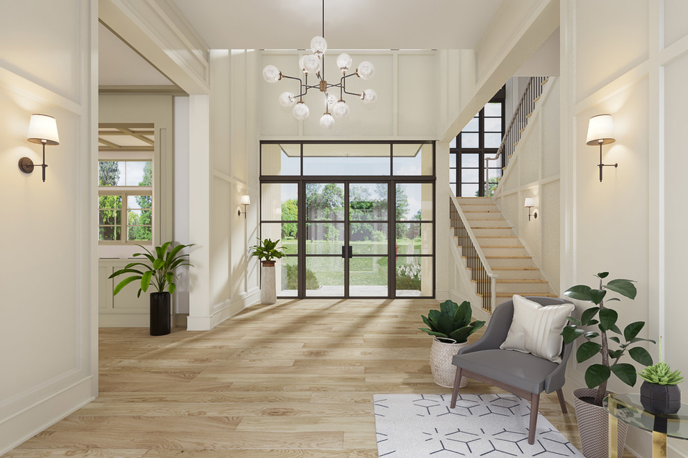 Inspiration for an expansive contemporary foyer in Los Angeles with beige walls, light hardwood floors, a double front door and a glass front door.