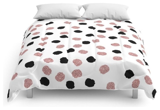 Modern Rose Gold Black Abstract Brush Polka Dots Comforter