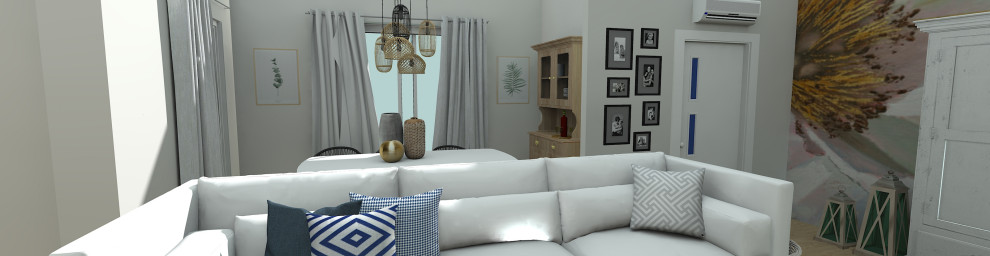 Geräumiges, Offenes Stilmix Wohnzimmer mit gebeiztem Holzboden, TV-Wand und Tapetenwänden in Sonstige