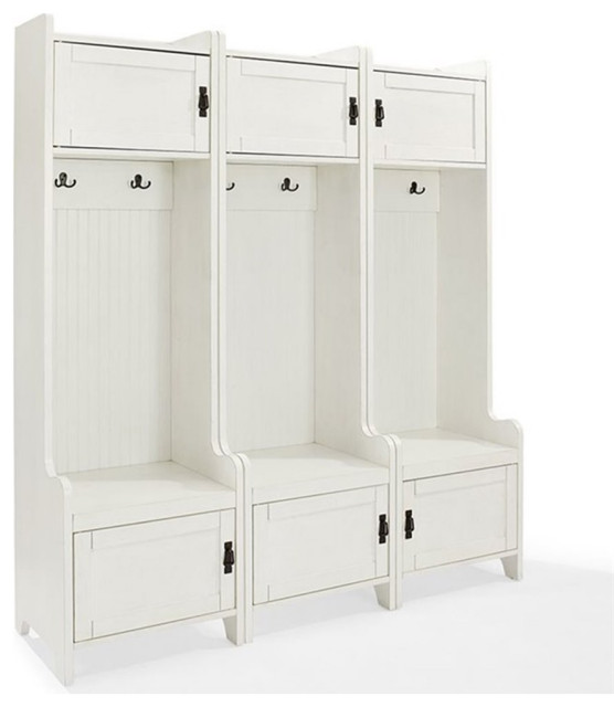 Crosley Furniture Fremont Wood Hall Tree in Distressed White (Set of 2) Transitional Hall