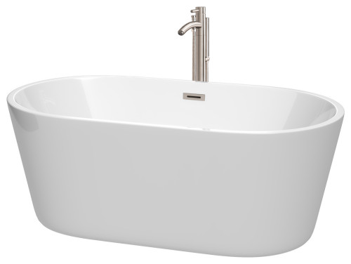 Carissa 60" Freestanding White Bathtub, Brushed Nickel Tub Filler & Trim Kit