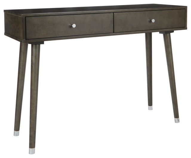 Mid Century Console Table, Angled Legs & 2 Spacious Drawers With Round