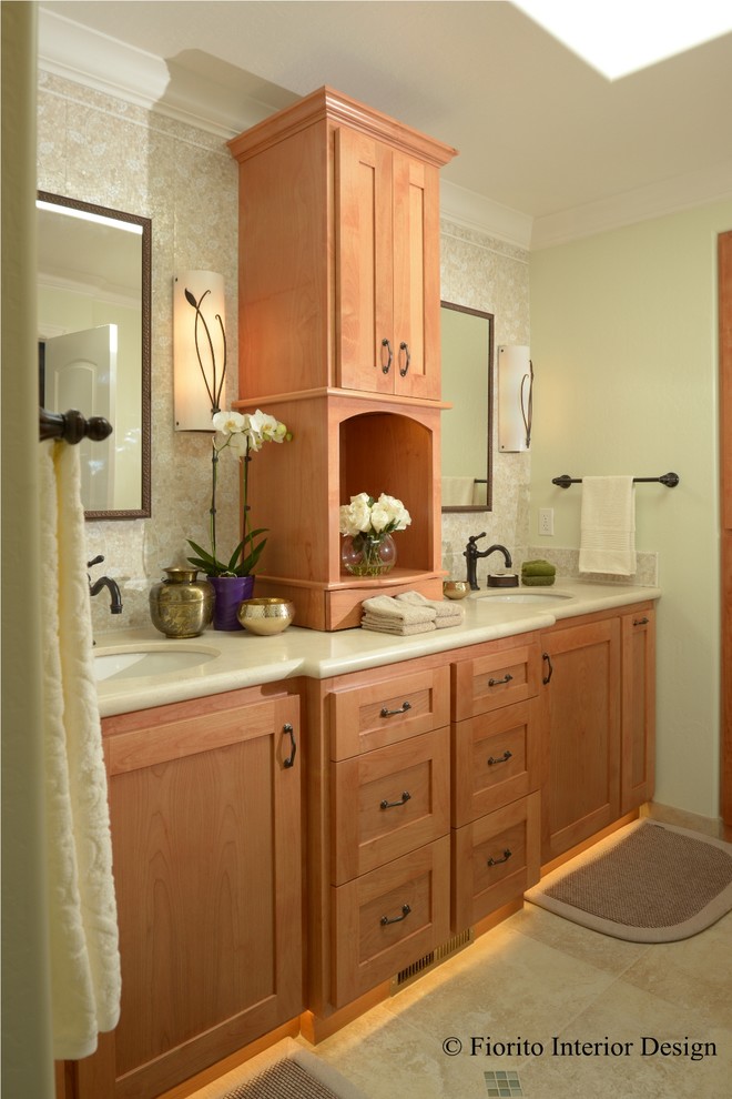 Mid-sized traditional master bathroom in San Francisco with an undermount sink, shaker cabinets, light wood cabinets, marble benchtops, a drop-in tub, a double shower, beige tile, mosaic tile, green walls and ceramic floors.