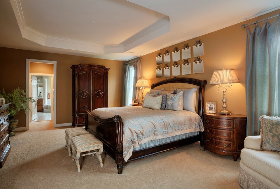 This is an example of a large transitional master bedroom in DC Metro with beige walls, carpet and no fireplace.