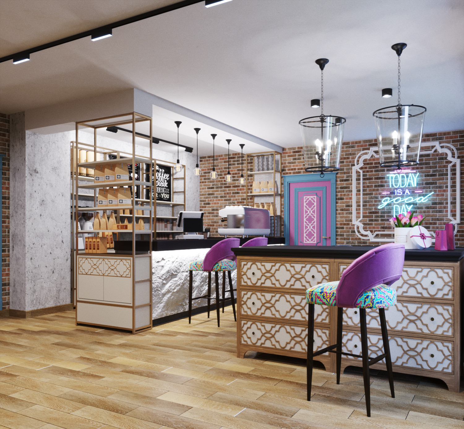 Дизайн интерьера магазина парфюмерии с зоной кафе в аутентичном стиле.