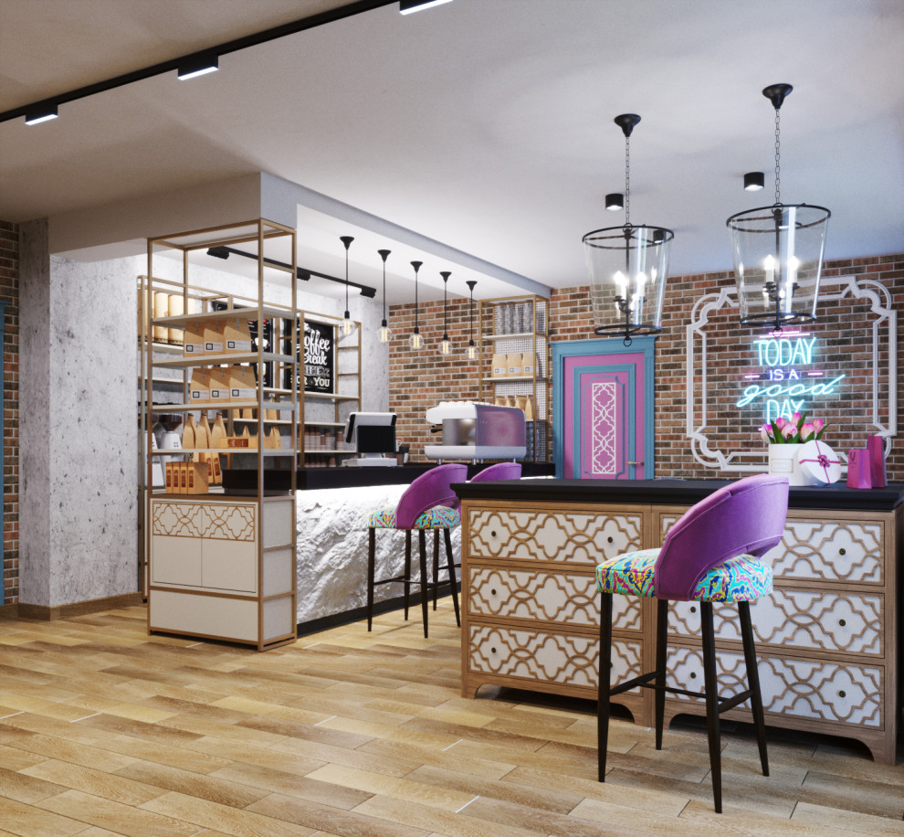 Дизайн интерьера магазина парфюмерии с зоной кафе в аутентичном стиле.