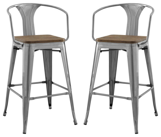 Bar Stool Chair Barstool, Set of 2, Wood, Metal, Black, Modern, Bar Pub Bistro Industrial