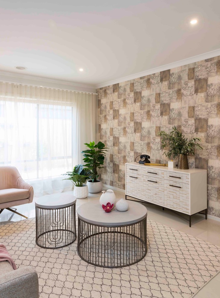 Photo of a contemporary enclosed family room in Melbourne with beige walls, porcelain floors and beige floor.