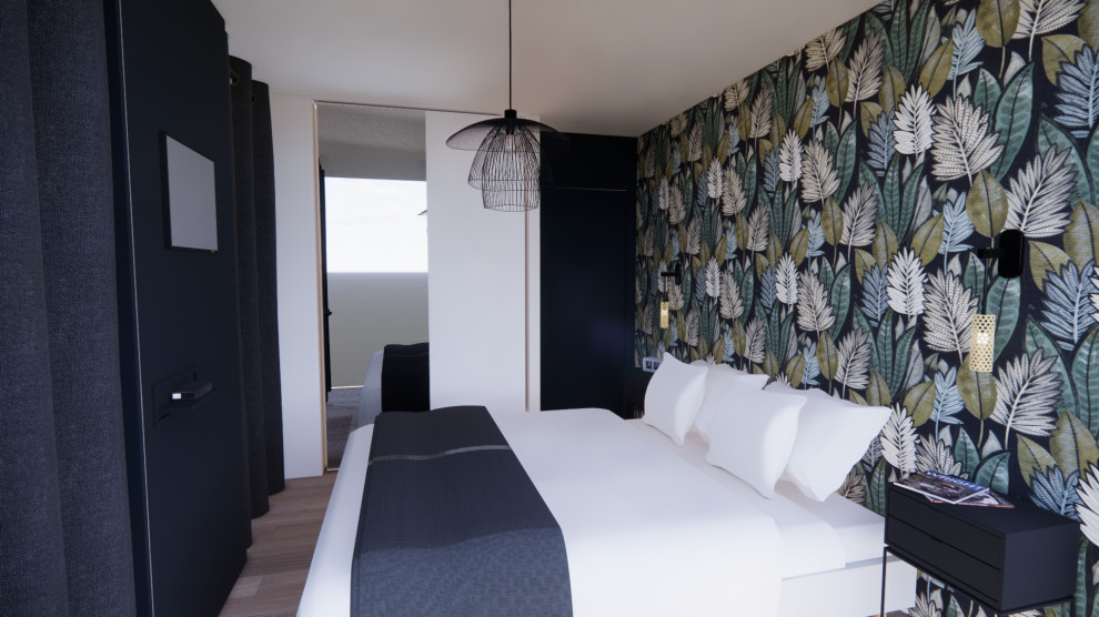 Esempio di una camera matrimoniale minimalista di medie dimensioni con pareti blu, parquet chiaro, pavimento beige e carta da parati
