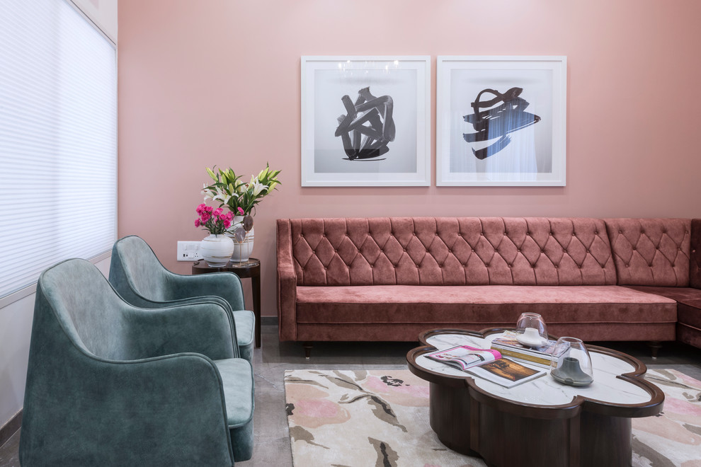 Contemporary formal living room in Other with pink walls and grey floor.
