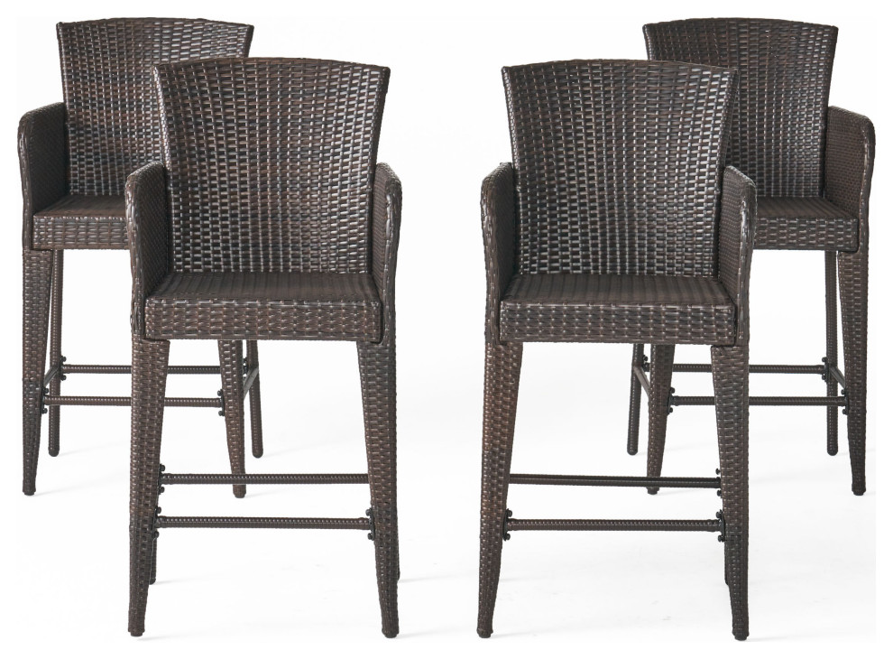 GDF Studio Bheleso Outdoor MultiBrown Wicker Bar Stools, Set of 4