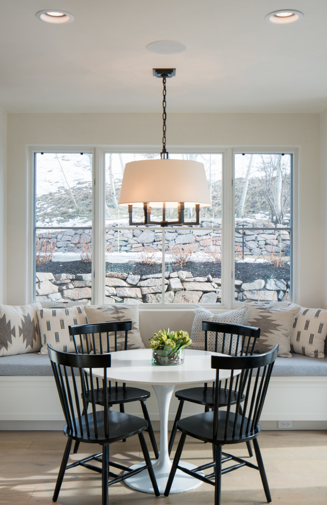Photo of a transitional dining room in Other with beige walls and light hardwood floors.