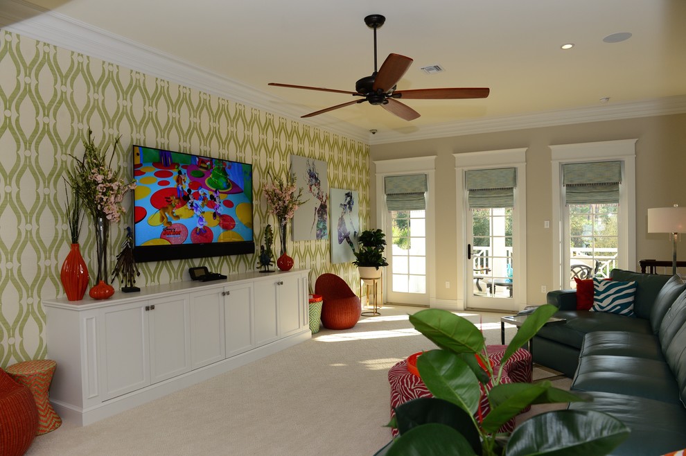 Inspiration for a large beach style kids' room for girls in Other with green walls and carpet.