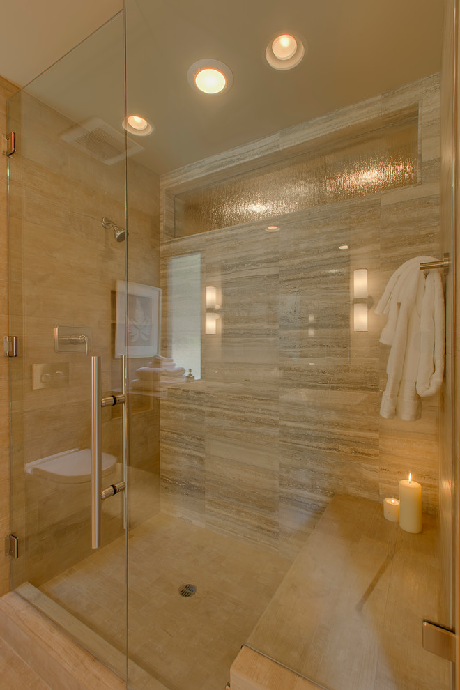 Photo of an expansive modern 3/4 bathroom in Sacramento with flat-panel cabinets, medium wood cabinets, limestone benchtops, an alcove shower, gray tile, ceramic tile, grey walls and ceramic floors.