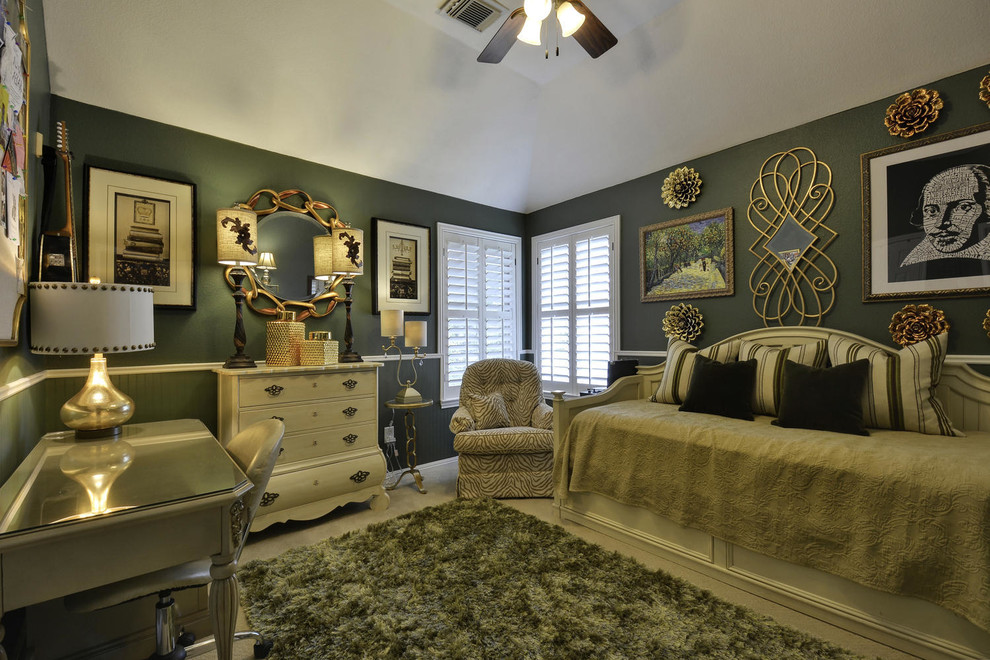 Photo of a large transitional guest bedroom in Austin with green walls and carpet.
