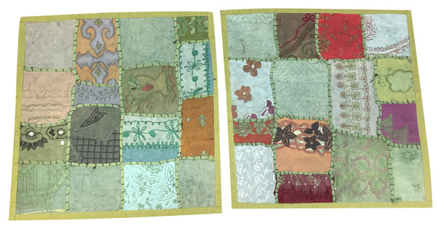 Designer Throw Pillow Sham Vintage Patchwork Green Cotton Cushion