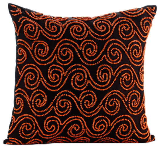 Orange Beaded Scroll Brown Art Silk 18"x18" Cushion Covers, Tibetain Monk