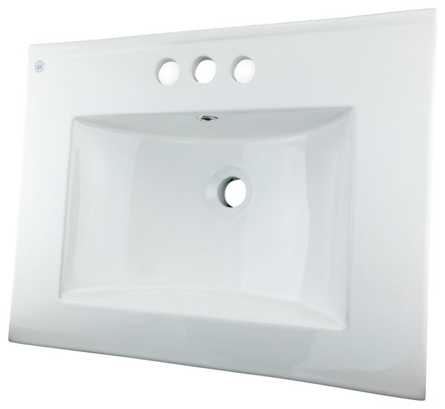 Lydia Drop-In Porcelain Bathroom Sink – White Rectangular, 31.5\" Wide, 8\" Widespread Faucet Holes, Overflow