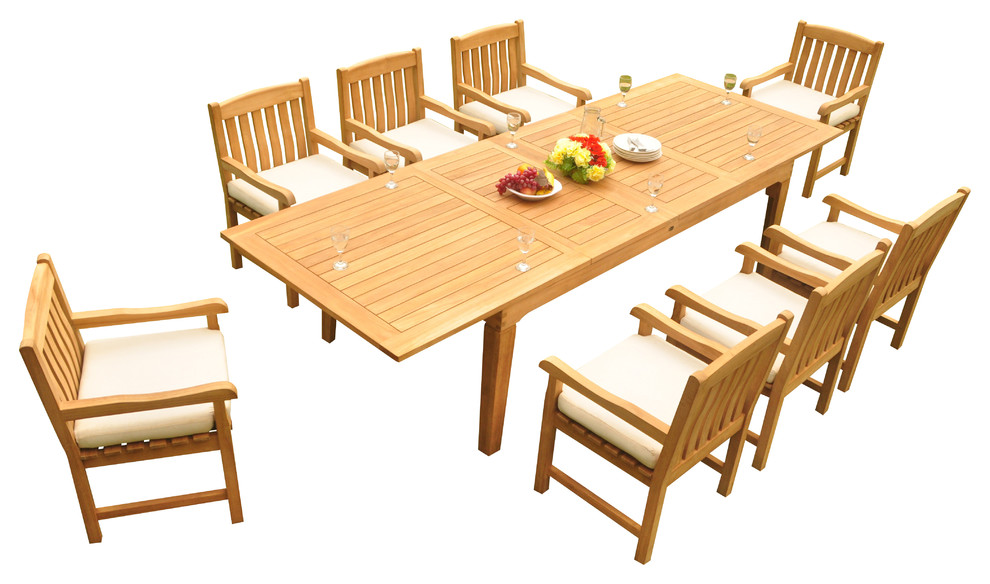 9Piece Outdoor Teak Dining Set 122" Rectangle Extn Table, 8 Devon Arm