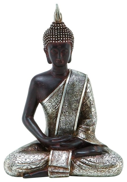 Meditating Buddha Statue Brown Matte Silver Resin Exotic Home