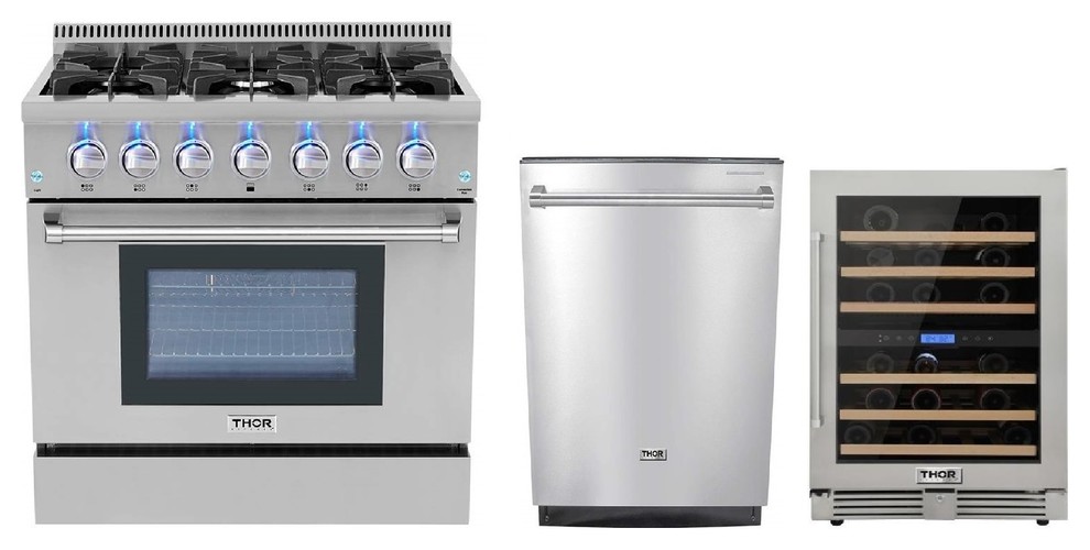 Thor Kitchen 3-Piece 36" Gas Range, Dishwasher and Wine Cooler, Natural Gas