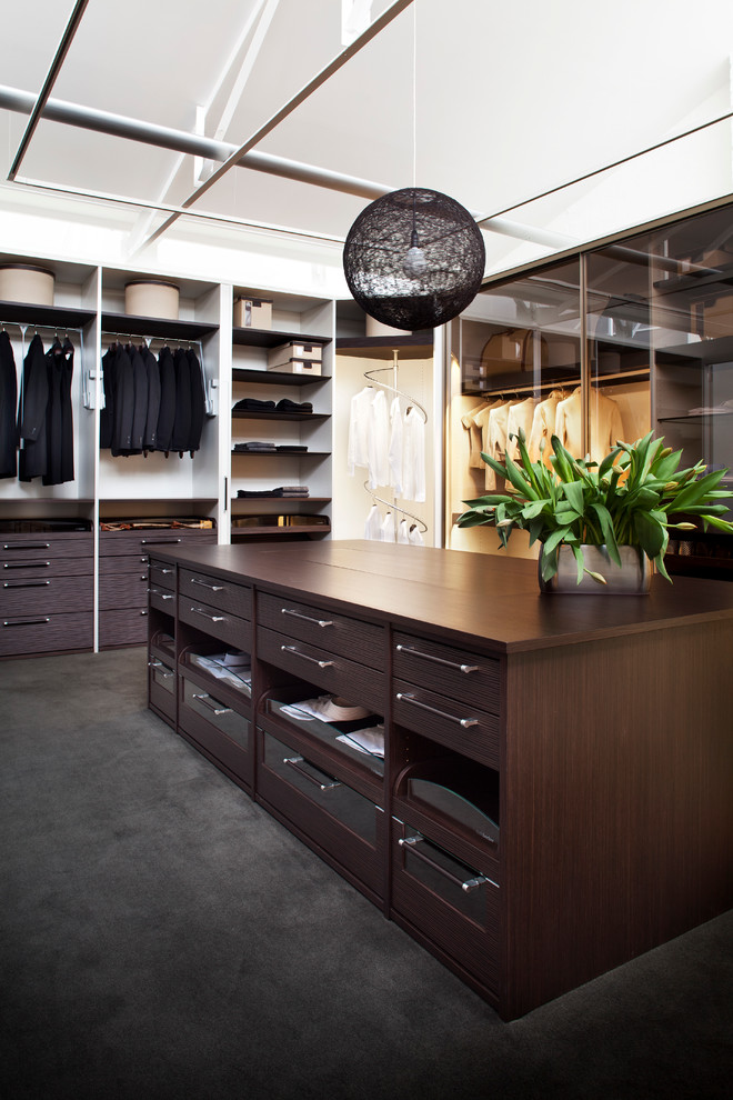 Mid-sized contemporary gender-neutral walk-in wardrobe in Sydney with dark wood cabinets, carpet, open cabinets and black floor.