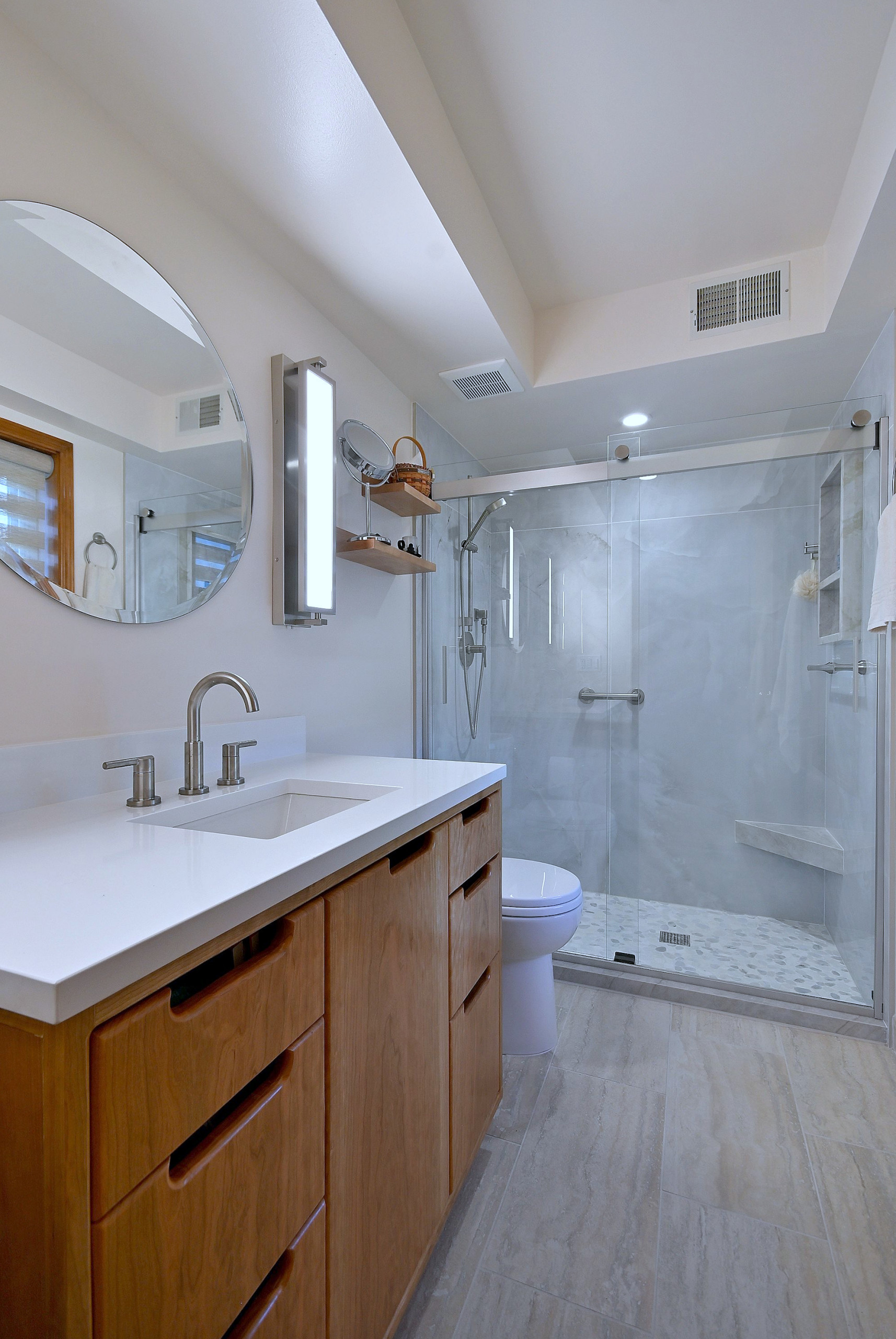 Modern Mid-Century Bathroom Remodel with Warm Wood Custom Vanity