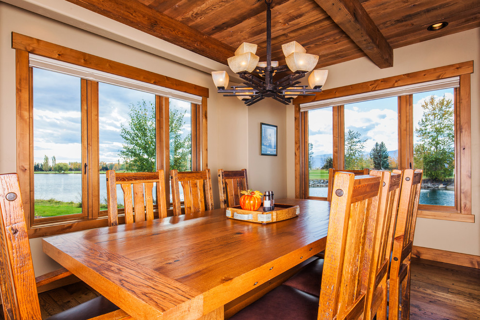 Mid-sized mountain style dark wood floor great room photo with beige walls and no fireplace