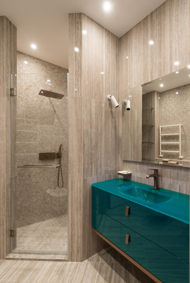 Inspiration for a mid-sized contemporary 3/4 bathroom in Moscow with flat-panel cabinets, turquoise cabinets, an alcove shower, beige tile, porcelain tile, an integrated sink, beige floor, a hinged shower door and turquoise benchtops.