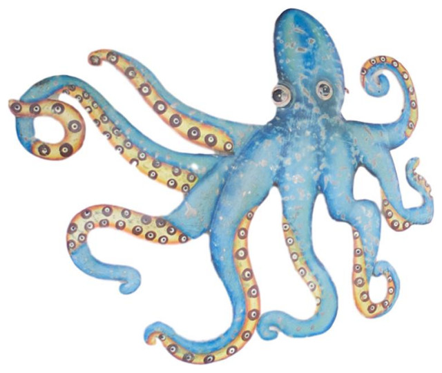Coastal Recycled Metal Octopus Wall Art Hand Hammered Ocean Blue Sea