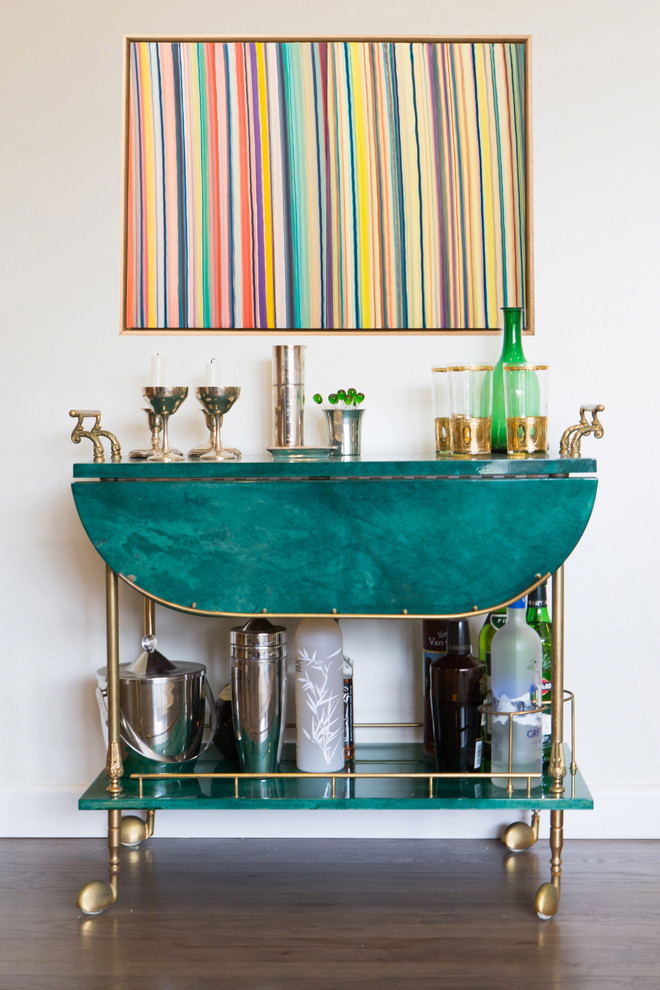 Inspiration for a transitional bar cart in Los Angeles with open cabinets, blue cabinets and dark hardwood floors.