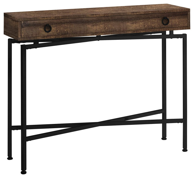Unique Console Table, Metal Frame With Crossed Base and Drawer, Reclaimed Brown Industrial