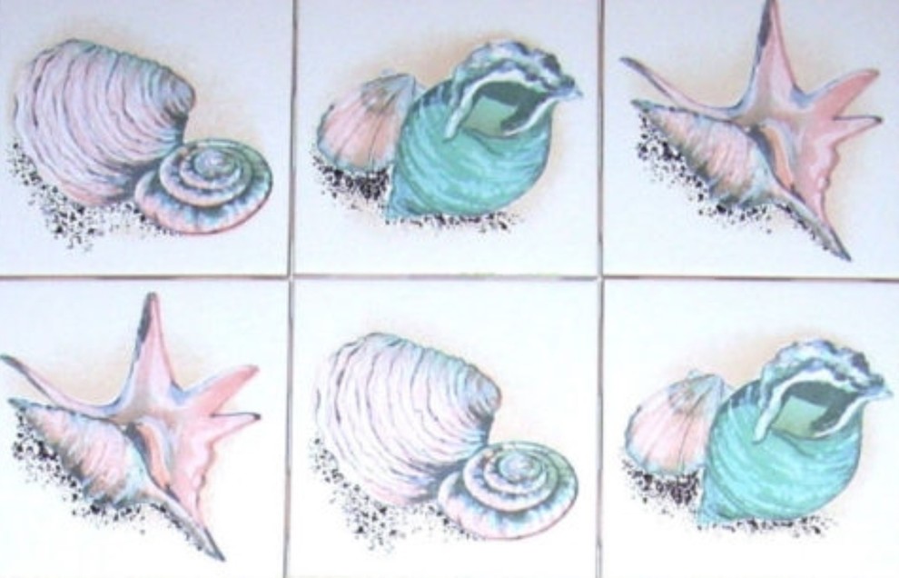 Sea Shell Clam Kiln Fired Ceramic Tile Accents Backsplash, 6-Piece Set
