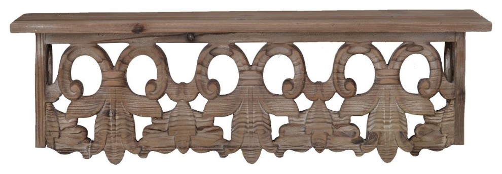 Benzara BM180977 Finely Carved Wooden Wall Shelf, Small, Brown