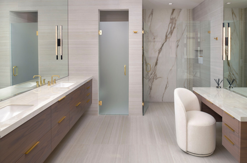 Large contemporary ensuite bathroom in Detroit with flat-panel cabinets, brown cabinets, a freestanding bath, a built-in shower, a one-piece toilet, white tiles, porcelain tiles, white walls, porcelain flooring, a submerged sink, solid surface worktops, white floors, a hinged door, white worktops, an enclosed toilet, double sinks and a floating vanity unit.