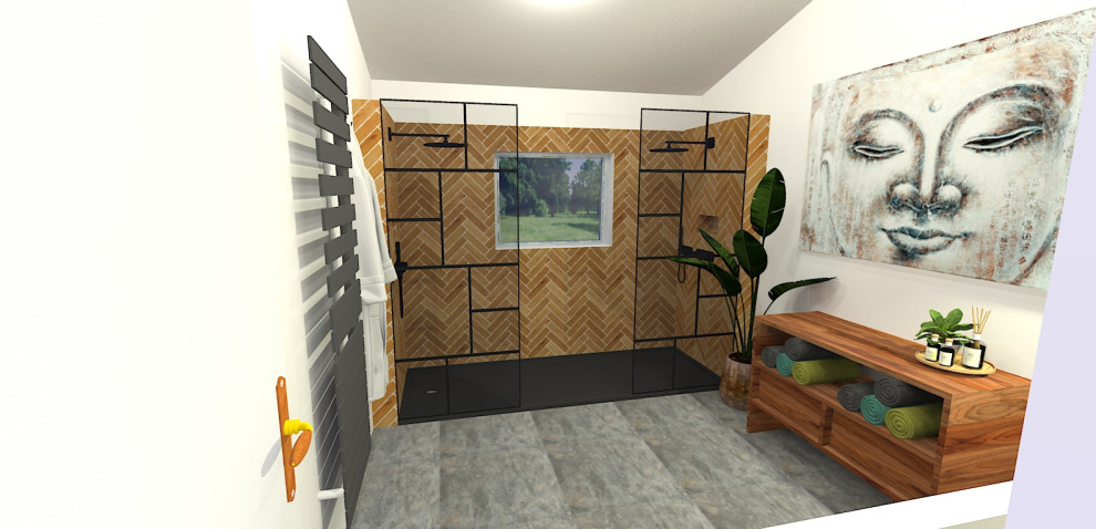 Exempel på ett stort modernt en-suite badrum, med en dubbeldusch, brun kakel, keramikplattor, beige väggar, klinkergolv i keramik, ett avlångt handfat och grått golv