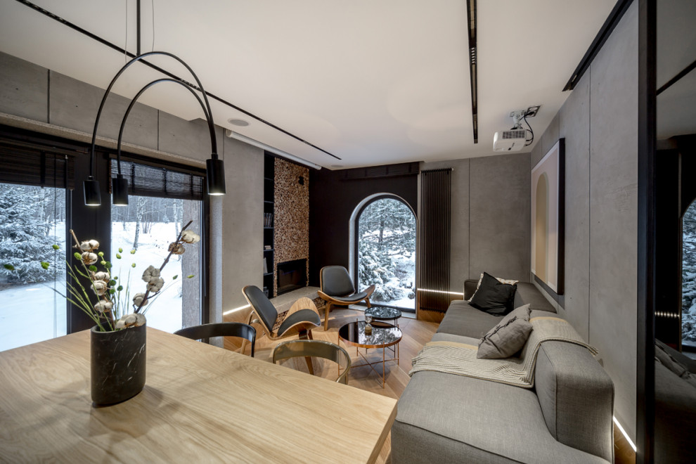 Глянцевая кухня с бетонной стеной