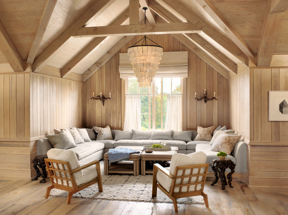 Design ideas for a country family room in Austin with light hardwood floors.