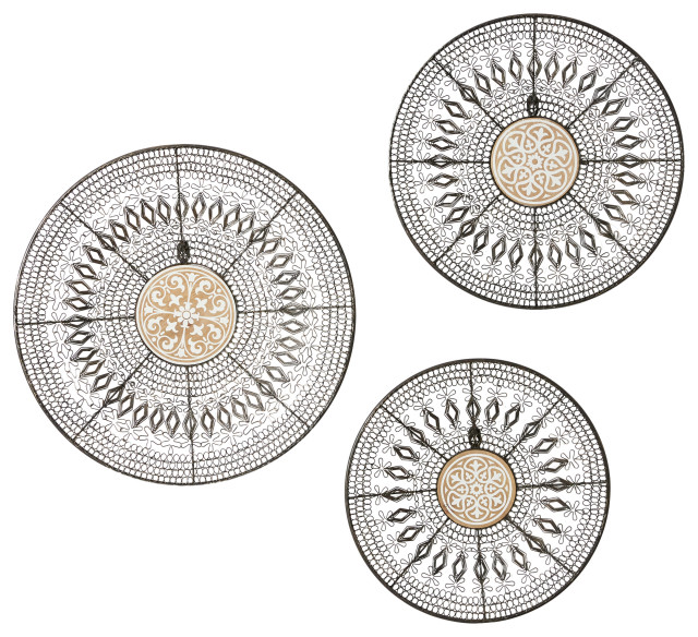 Round Black Metal Wall Decor With Wood Carved Center, 3Piece Set