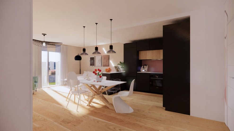 Cette image montre une petite salle à manger minimaliste avec un mur blanc, sol en stratifié, un sol marron et éclairage.