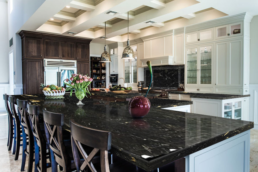 Design ideas for a large contemporary galley open plan kitchen in Baltimore with white cabinets, granite benchtops, black splashback, stone slab splashback, stainless steel appliances, marble floors, multiple islands, beige floor and recessed-panel cabinets.