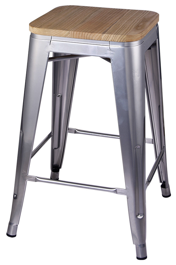 Metal Backless Silver Bar Stools With Light Wooden Seat, Set of 1